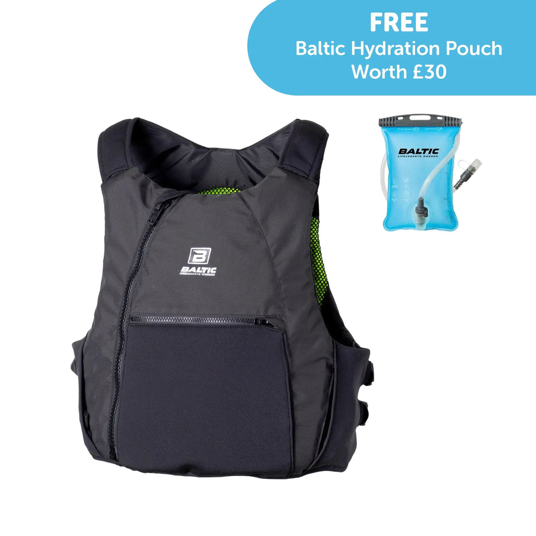 Image of a Baltic Extreme Buoyancy Aid in black with the free hydration bladder offer.