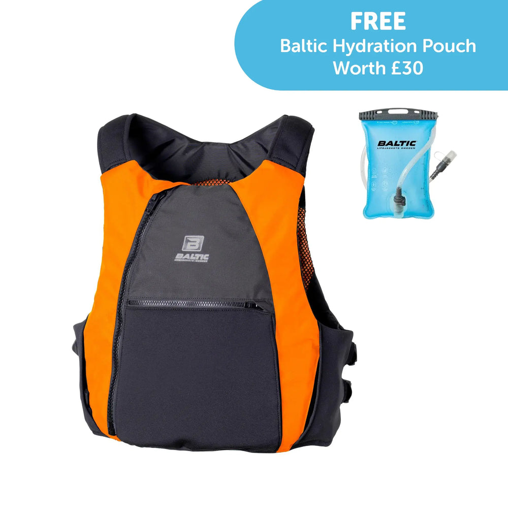 Image of a Baltic Extreme Buoyancy Aid in black and orange with the free hydration bladder offer.