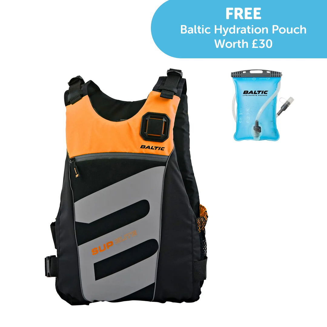 Image of the Baltic SUP Elite Buoyancy Aid in orange and black, along with the free hydration bladder offer.