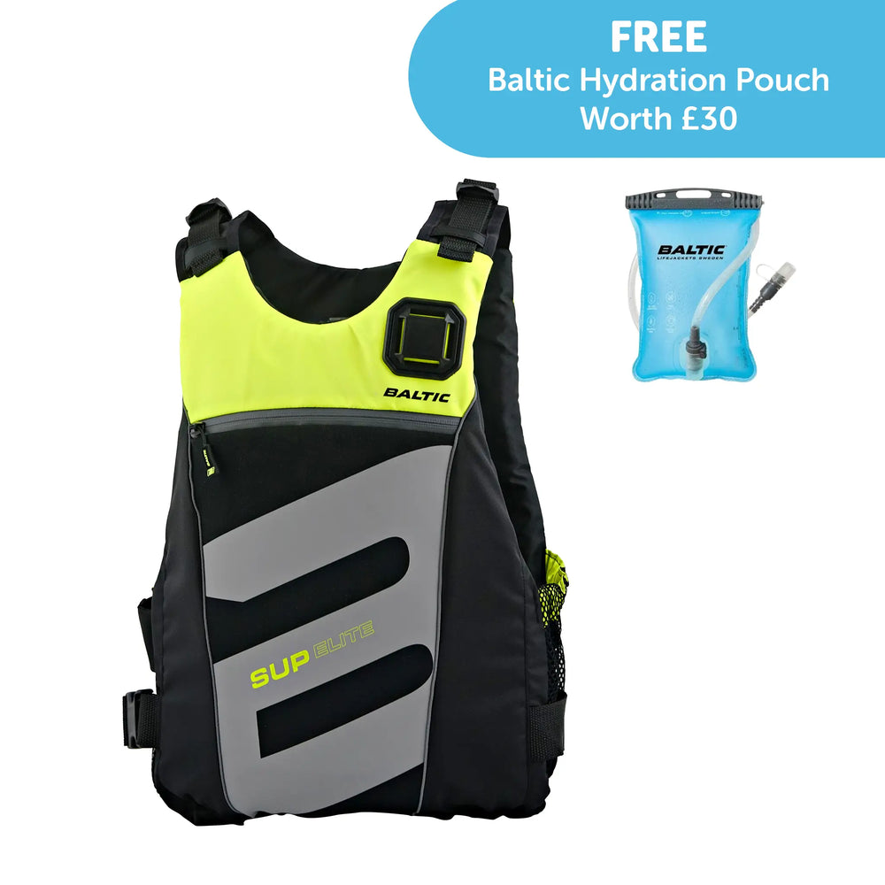 Image of the Baltic SUP Elite Buoyancy Aid in Hi-Viz Yellow and black, along with the free hydration bladder offer.