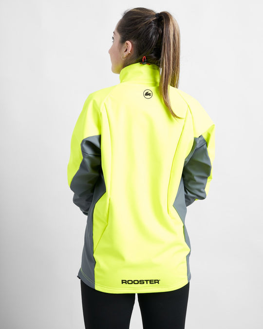 Back View of Female Model Wearing Flo Yellow Rooster Active Aquafleece