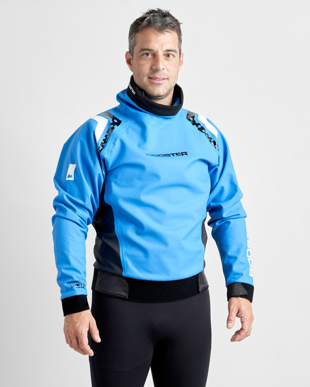 Rooster Pro Aquafleece Top in Blue, Worn by a Male Model in a studio