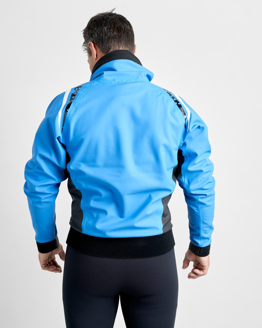 Back View of Rooster Pro Aquafleece Top in Blue, Worn by a Male Model in a studio