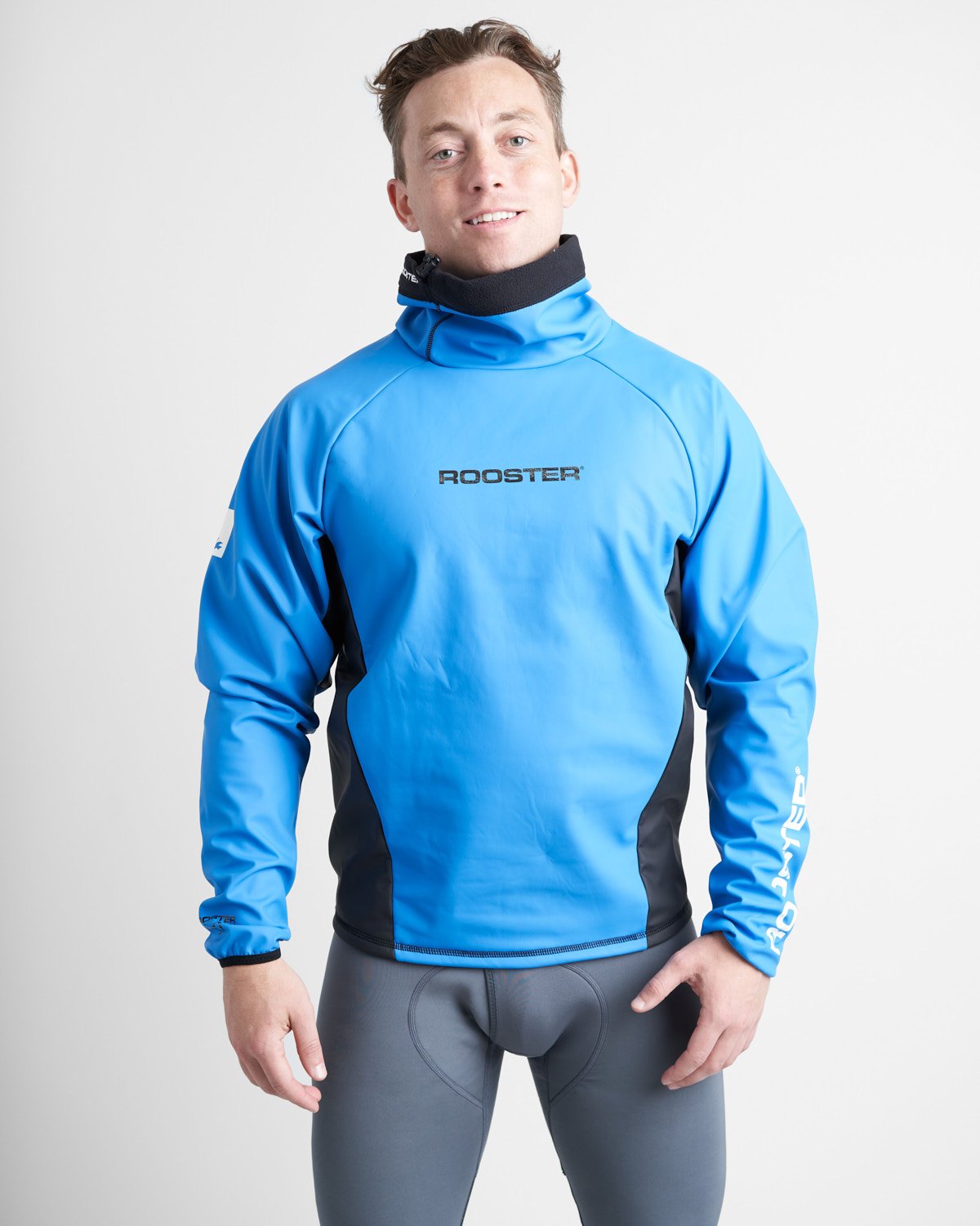 Rooster Classic Aquafleece Unisex Watersports Top in Signal Blue worn by male model