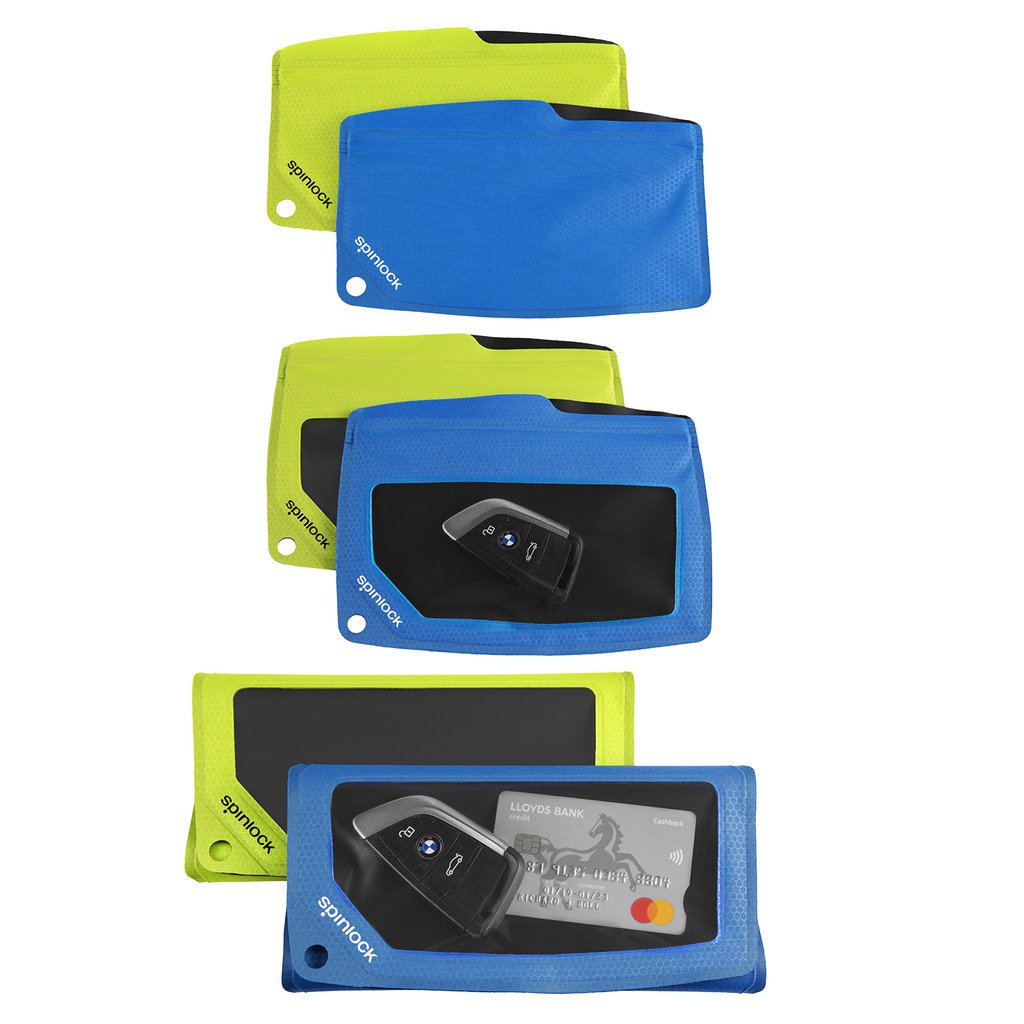 Spinlock Waterproof packs, Studio image showing blue and yellow variants with car keys and bank card